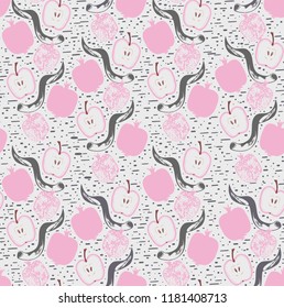 Grey background with hand drawn apples and shofar and pomegranate.Seamless pattern.rosh hashana.Seamless patern for wrapping paper present of Rosh hashanah.Textile design.