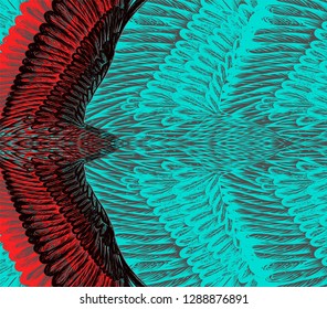 Grey background with hand drawn feathers pattern. Flying colorful bird. To be used for invitation card, greeting card, print t shirt, fabric design.