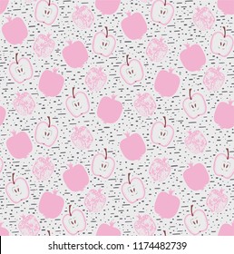 Grey background with hand drawn pink pomegranate and apples.Seamless pattern.Textile design for children clothes.Template wallpaper for children room.Vector illustration.Hand drawn ornament.Pastel.