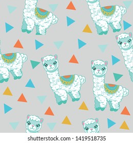 Grey background on cute lama alpaca animal pattern vector