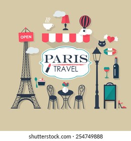 grey background Paris tourist concept image. Flat vector french 