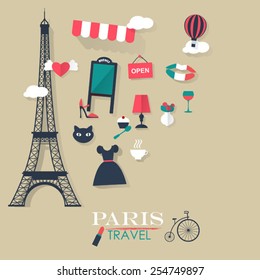 grey background Paris tourist concept image.Vacation flat vector