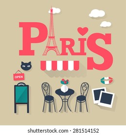 grey background Paris tourist concept image. Flat vector french 