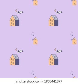 Grey background pattern with yellow and blue houses, moon, clouds and birds. Vector illustration. Design for wallpaper and wrapping, fabric and textile.