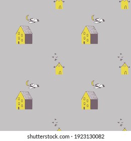 Grey background pattern with yellow and purple houses, moon, clouds and birds. Vector illustration. Design for wallpaper and wrapping, fabric and textile.