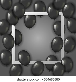 Grey background with realistic black helium balloons and square frame. Can be used for posters, invitations, flayers, wallpaper, banners, brochures. Used clipping mask.