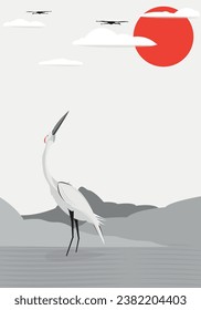Fondo gris. La Grulla Rojada como un ave de piernas largas y de cuello largo mirando al sol en el cielo. Ilustración vectorial.