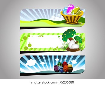 grey background with set of three easter header, vector illustration