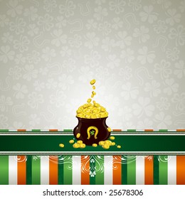 grey background with shamrock and  pot with golden coins