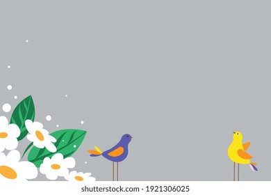 Grey background with simple white chamomile flowers and birds. Frame with copy space for text. Flat style. Vector illustration.