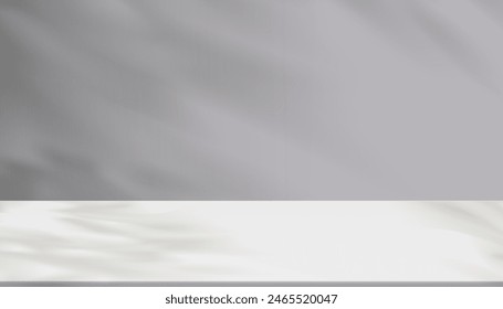 Grey Background Studio and White Podium with light, shadow leaves on cement floor,Banner for Fall,Autumn product presentation,Vector Minimal Scene Display wall room with cream color stand mockup