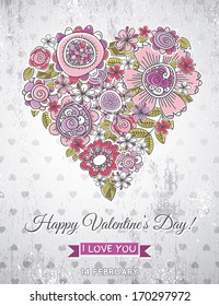 grey background with valentine heart of spring flowers,  vector illustration