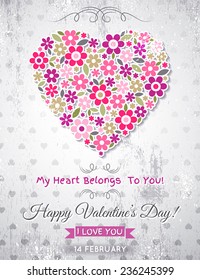 grey background with valentine heart of spring flowers,  vector 