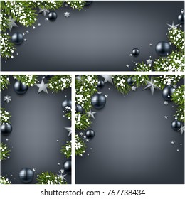 Grey backgrounds set with fir branches, Christmas balls, stars and snow. Vector illustration.
