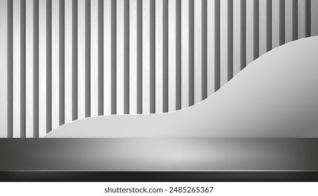 Grey Background,Studio room interior with white wood striped wall and metal podium with light, shadow on abstract wave layers decorative elements,Vector 3d minimal display platform for product present