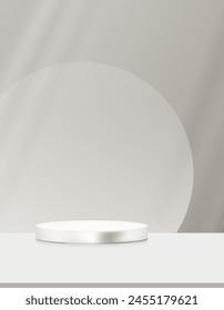 Grey Background,Studio Wall Room,3d White Podium Cylinder Display Stand with Light,Shadow on Table,Backdrop for Spring,Summer product presentation,Concept for Web Banner in Autumn,Winter