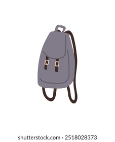 Mochila gris con tirantes y hebillas marrones. Sencillo y moderno. Ideal para accesorios de moda, equipo de viaje, útiles escolares, salidas casuales y estilo de vida minimalista. Diseño de estilo de Vector limpio