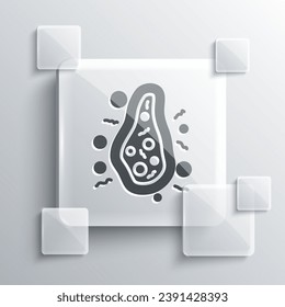 Grey Bacteria icon isolated on grey background. Bacteria and germs, microorganism disease causing, cell cancer, microbe, virus, fungi. Square glass panels. Vector