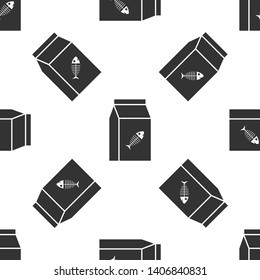 Grey Bag of food for cat icon isolated seamless pattern on white background. Fish skeleton sign. Food for animals. Pet food package. Vector Illustration