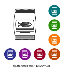 Grey Bag of food for cat line icon isolated on white background. Fish skeleton sign. Food for animals. Pet food package. Set icon in color circle buttons. Vector Illustration