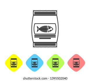 Grey Bag of food for cat line icon isolated on white background. Fish skeleton sign. Food for animals. Pet food package. Set icon in color rhombus buttons. Vector Illustration