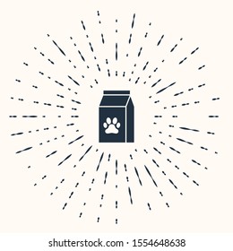 Grey Bag of food for pet icon isolated on beige background. Food for animals. Pet food package. Dog or cat paw print. Abstract circle random dots. Vector Illustration