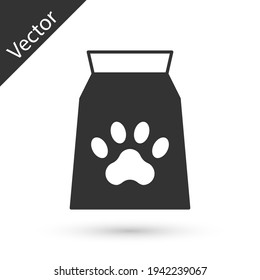 Grey Bag of food for pet icon isolated on white background. Food for animals. Dog bone sign. Pet food package. Vector