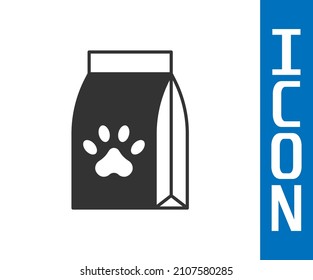 Grey Bag of food for pet icon isolated on white background. Food for animals. Dog bone sign. Pet food package.  Vector