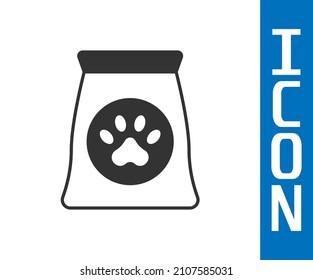 Grey Bag of food for pet icon isolated on white background. Food for animals. Dog bone sign. Pet food package.  Vector
