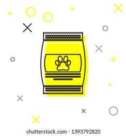 Grey Bag of food for pet line icon isolated on white background. Food for animals. Pet food package. Dog or cat paw print. Vector Illustration