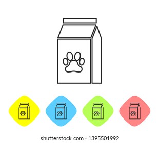 Grey Bag of food for pet line icon isolated on white background. Food for animals. Pet food package. Dog or cat paw print. Set icon in color rhombus buttons. Vector Illustration