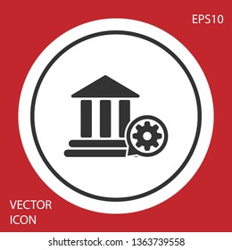 Grey Bank building and gear icon isolated on red background. Adjusting app, service concept, setting options, maintenance, repair, fixing. White circle button. Vector Illustration