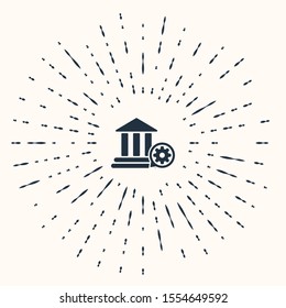 Grey Bank building and gear icon isolated on beige background. Adjusting app, service concept, setting options, maintenance, repair, fixing. Abstract circle random dots. Vector Illustration