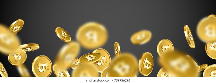 Grey banner with falling gold bitcoins. Vector money illustration.