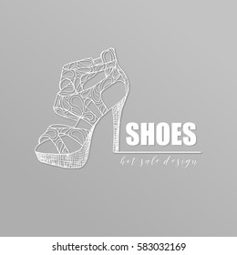 Grey banner with fashion woman footwear, trendy white lacy high heel shoes with shadow. For shop advertising