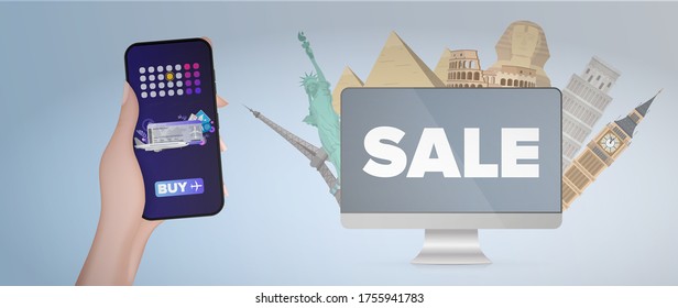 Grey banner. Sale for tourism. Design concept on the theme of tourism, sale of tours. Monitor, Egyptian pyramids, Eiffel Tower, Statue of Liberty, Wheels, Pezan Tower.