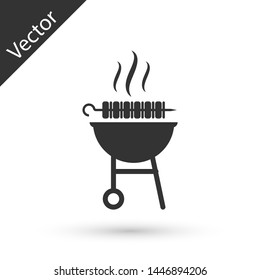 Grey Barbecue grilled shish kebab on skewer stick icon isolated on white background. BBQ meat kebab on skewer stick. Picnic with grill meat. Vector Illustration