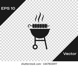 Grey Barbecue grilled shish kebab on skewer stick icon isolated on transparent background. BBQ meat kebab on skewer stick. Picnic with grill meat. Vector Illustration