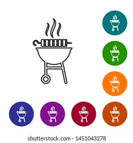 Grey Barbecue grilled shish kebab on skewer stick line icon isolated on white background. BBQ meat kebab on skewer stick. Picnic with grill meat. Set icon in color circle buttons. Vector Illustration