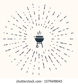 Grey Barbecue grilled shish kebab on skewer stick icon isolated on beige background. BBQ meat kebab on skewer stick. Picnic with grill meat. Abstract circle random dots. Vector Illustration