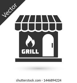Grey Barbecue shopping building or market store icon isolated on white background. BBQ grill party. Shop construction. Vector Illustration