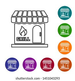 Grey Barbecue shopping building or market store line icon isolated on white background. BBQ grill party. Shop construction. Set icon in color circle buttons. Vector Illustration