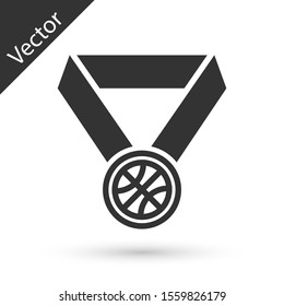 Grey Basketball medal with ribbon icon isolated on white background.  Vector Illustration