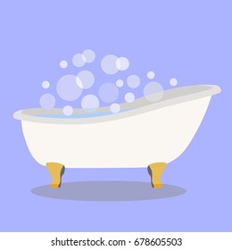 Grey bath with a lot of foam bubbles isolated on a purple background. Vector illustration.