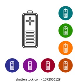 Grey Battery charge level indicator line icon isolated on white background. Set icon in color circle buttons. Vector Illustration