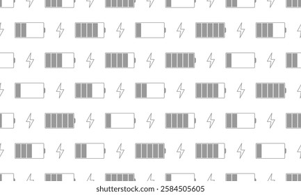 Grey battery and charge lightning seamless pattern. Vector Repeating Background.