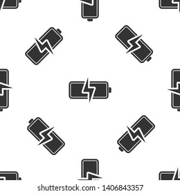 Grey Battery icon isolated seamless pattern on white background. Lightning bolt symbol. Vector Illustration