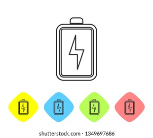 Grey Battery line icon isolated on white background. Lightning bolt symbol. Set icon in color rhombus buttons. Vector Illustration