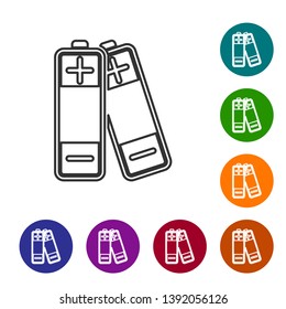 Grey Battery line icon isolated on white background. Lightning bolt symbol. Set icon in color circle buttons. Vector Illustration