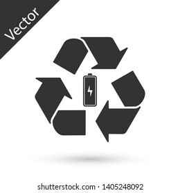 Grey Battery with recycle symbol line icon isolated on white background. Battery with recycling symbol - renewable energy concept. Vector Illustration